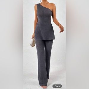 SHEIN Privé One Shoulder Split Hem Top & Flare Leg Pants